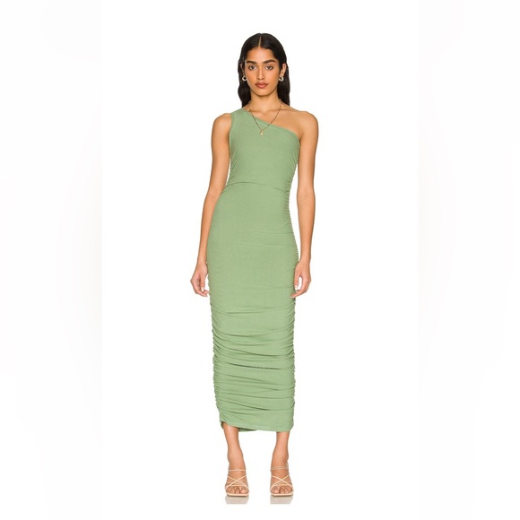 SNDYS Moss Green Ribbed One-Shoulder Ruched Midi Dress – Size S - Picture 5 of 5